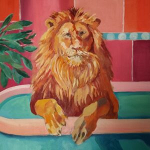 Lion taking a bath
